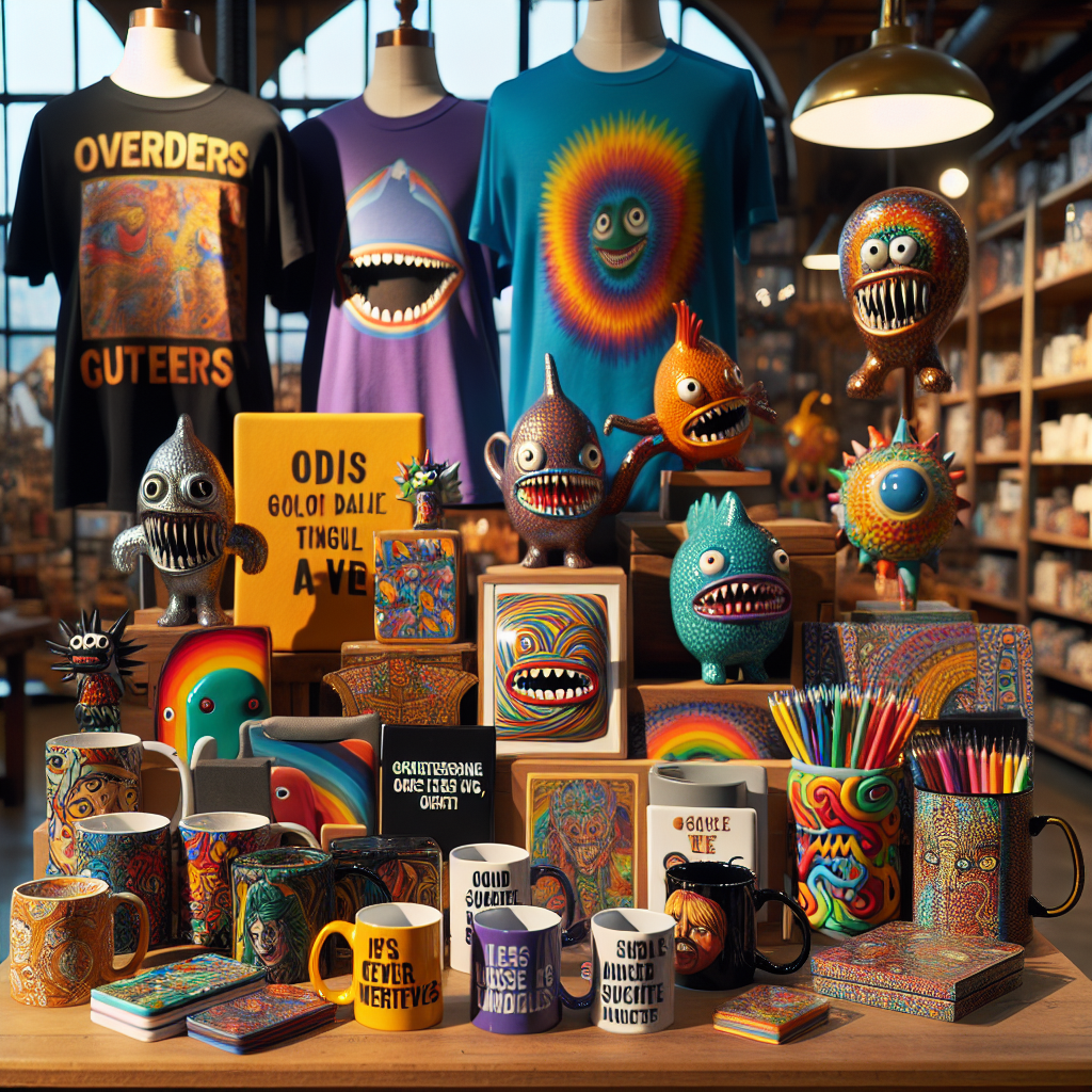 Realistic image of quirky merchandise items displayed on a table.