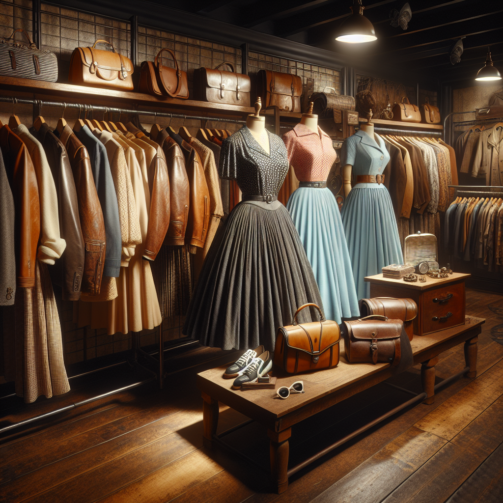 A realistic illustration of a vintage clothing store.