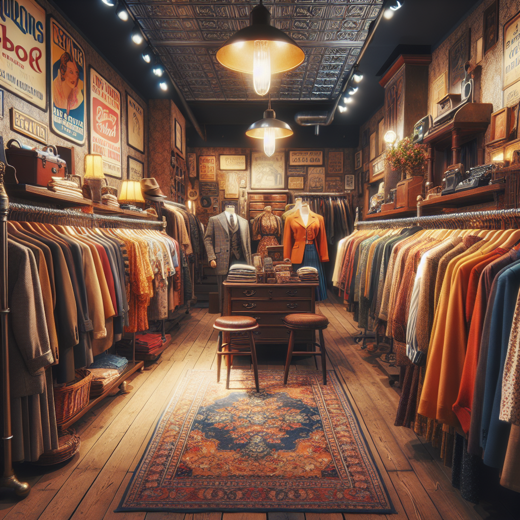 A realistic depiction of a vintage clothing shop interior.