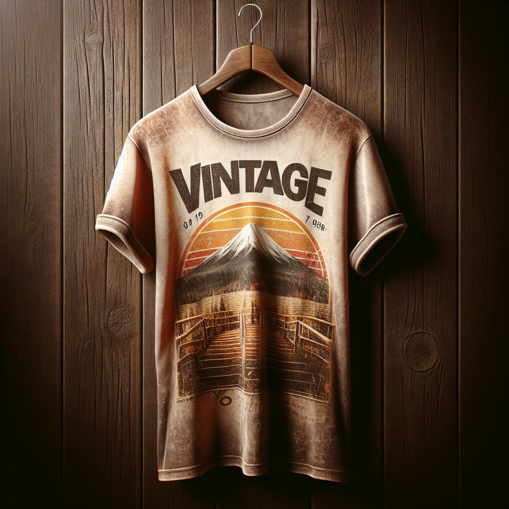 A realistic image of a vintage t-shirt with a retro design on a wooden hanger against a rustic background.