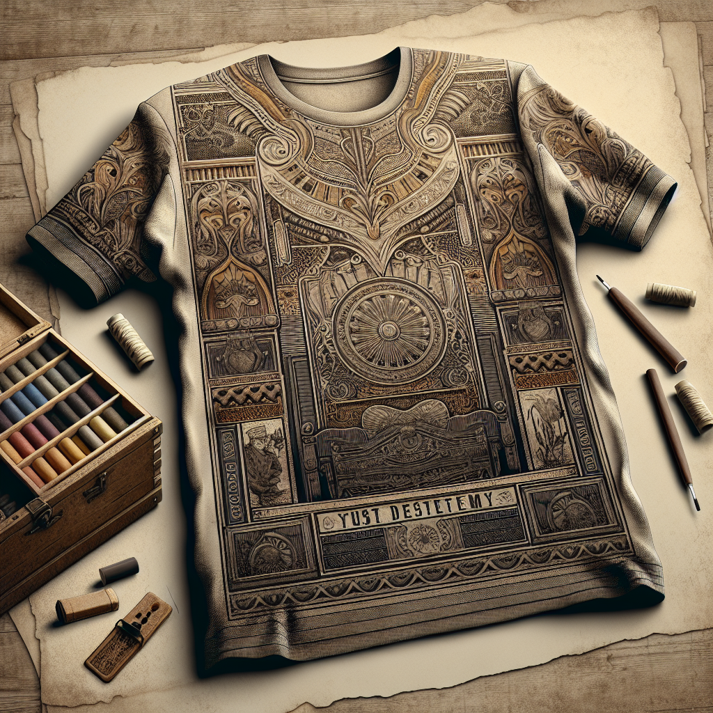 A realistic vintage t-shirt with intricate designs and faded colors.