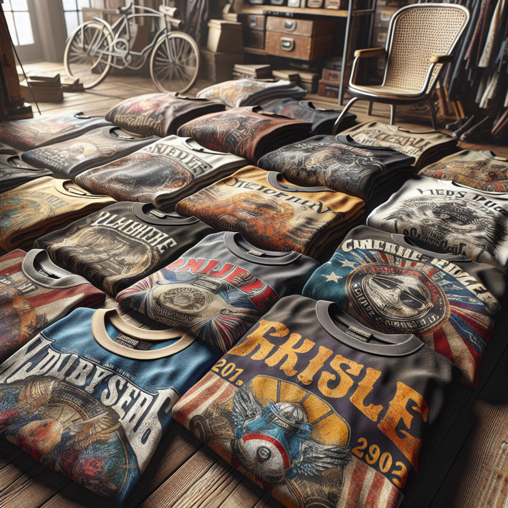 A lifestyle arrangement of vintage t-shirts in a cozy setting.