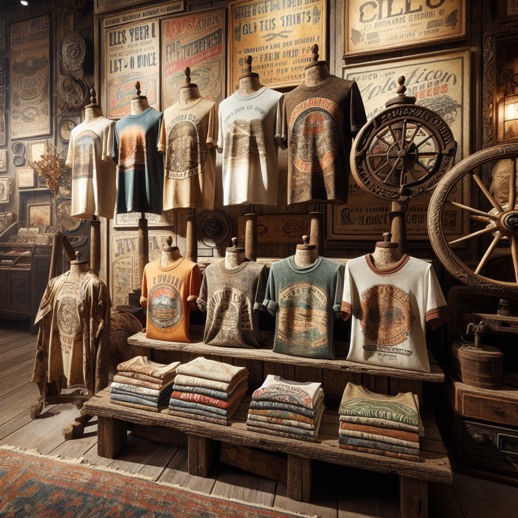 Realistic vintage T-shirts in a rustic store setting.