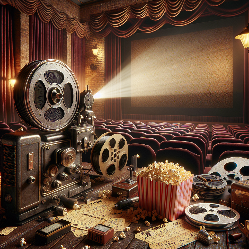 A realistic depiction of a retro cinema scene with a vintage movie projector, classic film reels, and nostalgic elements reflecting cult classic movies.