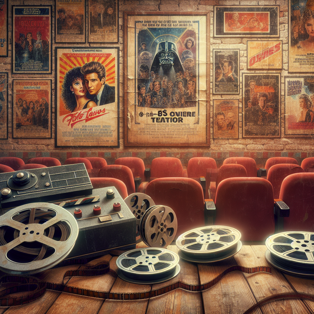 A realistic backdrop of a vintage cinema introduction with cult classic movie elements.