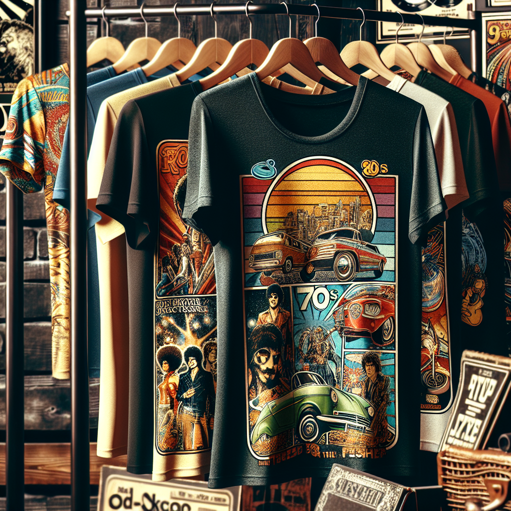 Vintage graphic tees displayed in a realistic, retro-inspired boutique setting.