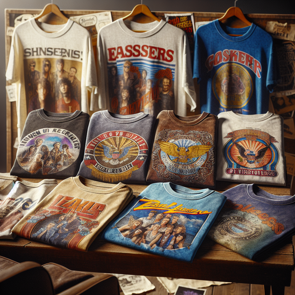 Realistic image of vintage graphic tees on a wooden surface.