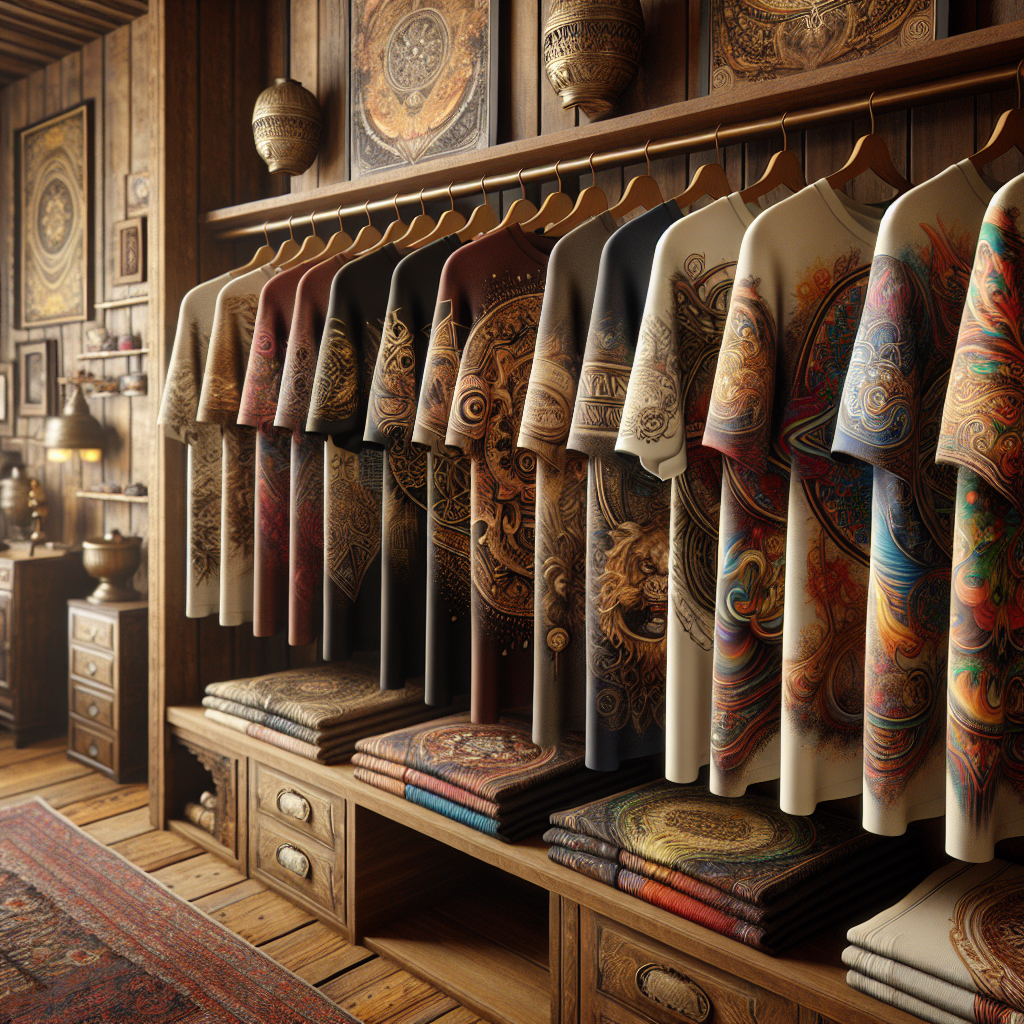 A collection of vintage graphic tees displayed on hangers in a retro-themed boutique.