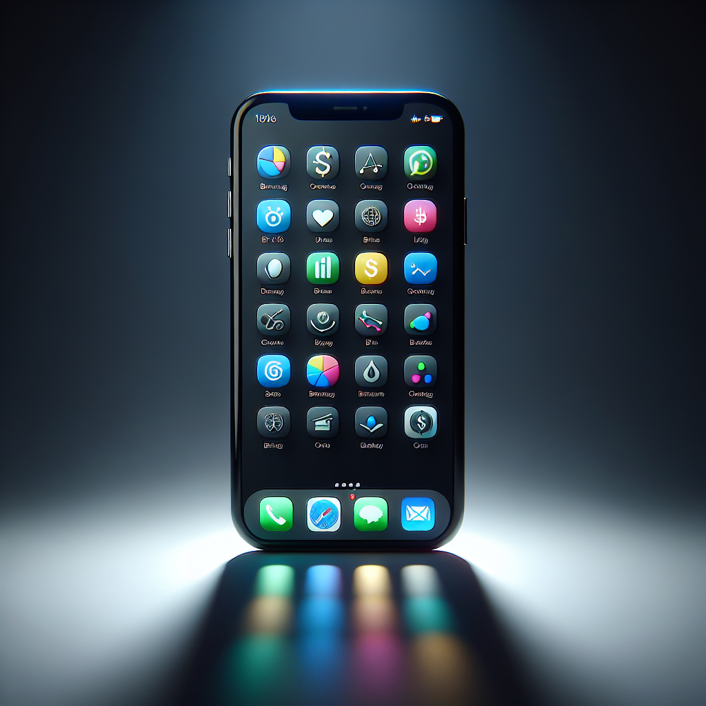 iPhone displaying budgeting apps with generic finance-related icons on screen, set against a dark background in a realistic style.