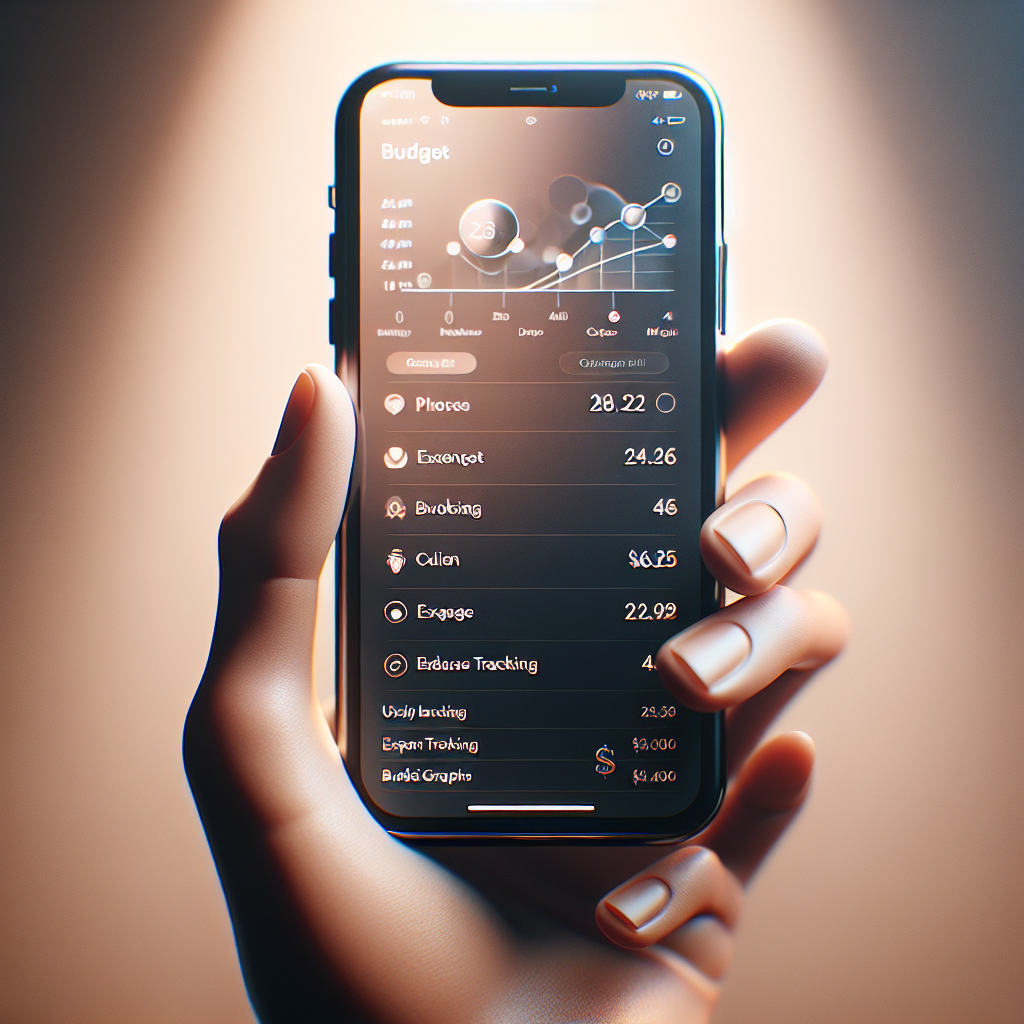 A hand holding an iPhone displaying a budget app interface with graphs and expense tracking features.