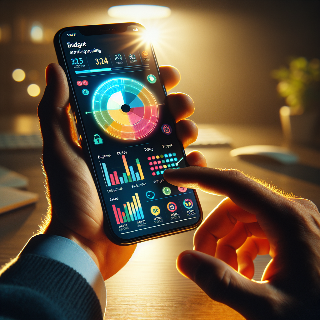 Realistic image of a hand holding a smartphone with a colorful, detailed budget tracker app interface, in a home office setting.