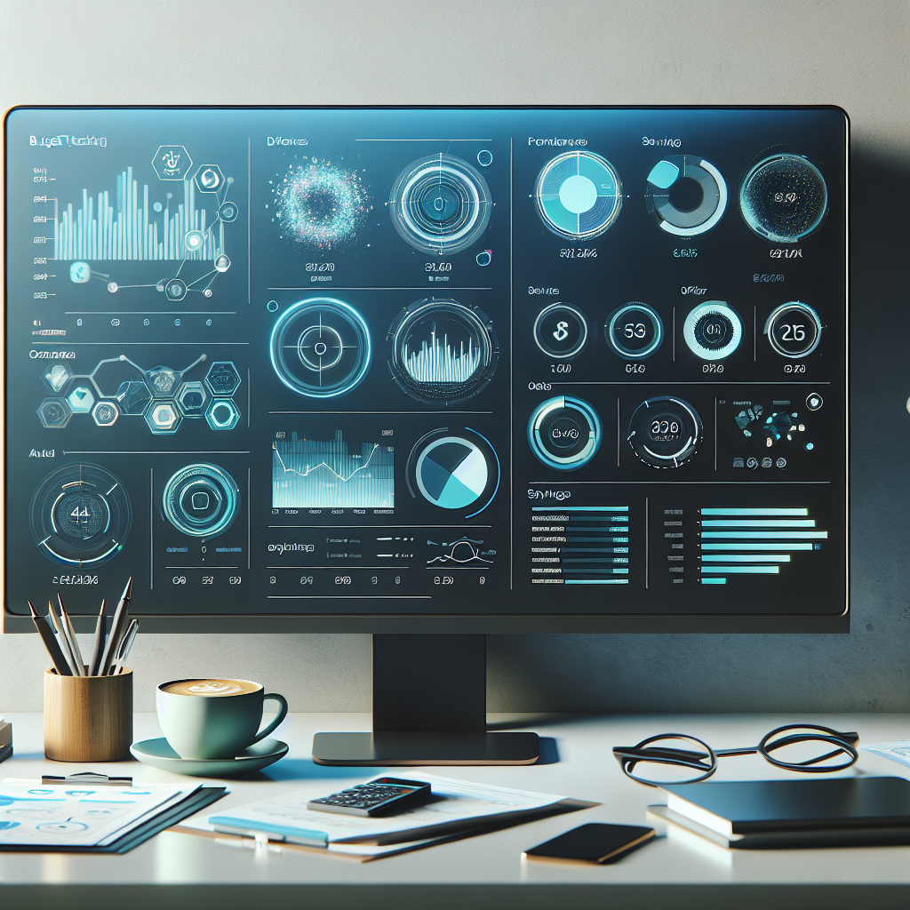 A modern desktop setup with a digital budget tracker displaying charts and a smartphone, suggesting organized financial management.