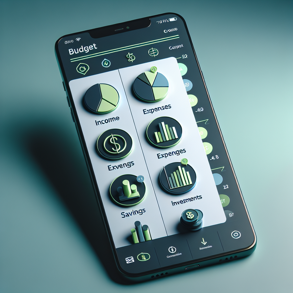 A realistic design of a sleek and modern budget tracker interface on a smartphone screen with visual financial categories and charts.