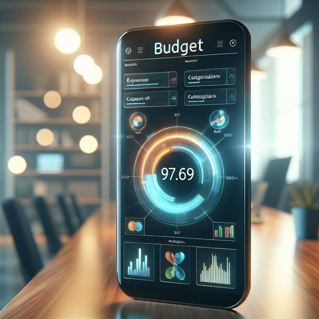 A realistic image of a modern budget tracker interface on a smartphone or tablet, displayed in a home office setting.