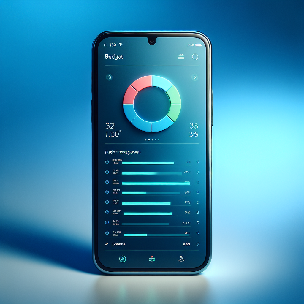 A modern smartphone with a budget tracking app on the screen, highlighting a colorful pie chart and recent transactions.