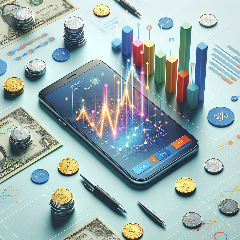 Smartphone displaying a budget tracking app with coins and banknotes around it, symbolizing financial planning and savings.