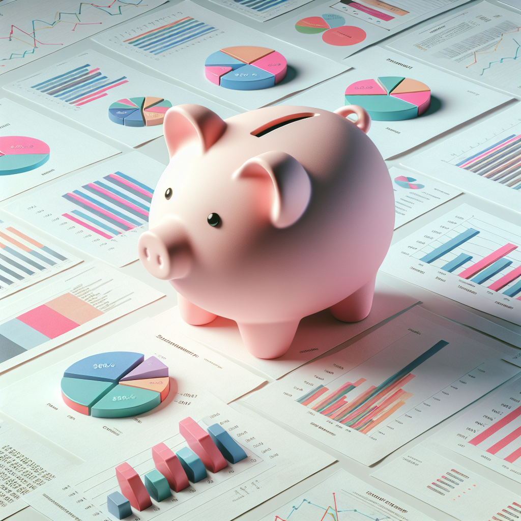 Photo-realistic image of a pink porcelain piggy bank on a backdrop of colorful financial charts and graphs representing budget tracking and savings.