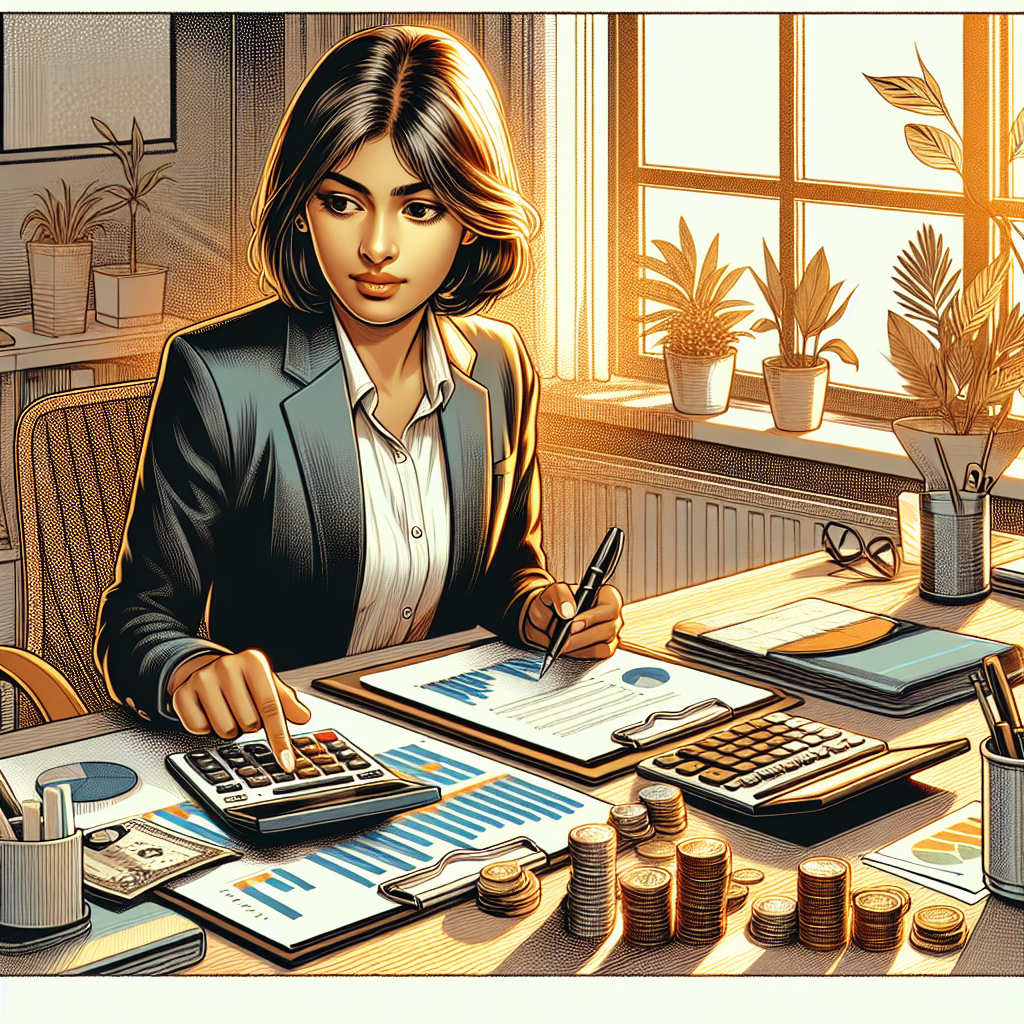 A person managing finances at a desk, surrounded by financial documents, calculator, coins, and bills.