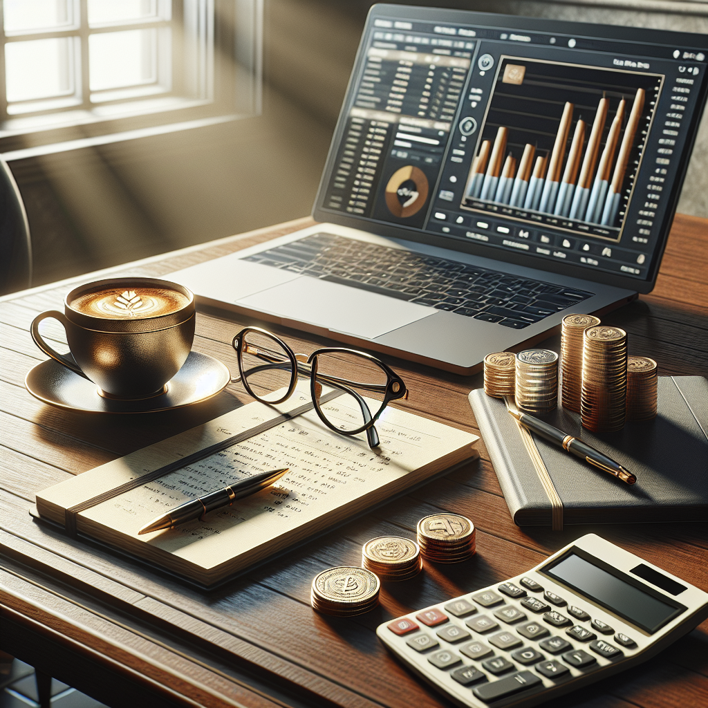 A desk setup with financial planning items including a laptop, calculator, stack of coins, notebook, coffee cup, and eyeglasses under natural light.