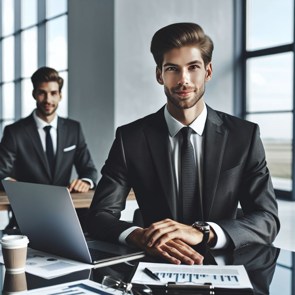 A professional money manager giving financial advice in a modern office.