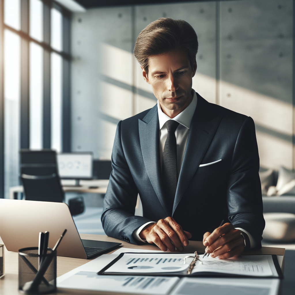 A professional money manager in a modern office reviewing financial documents on a laptop.