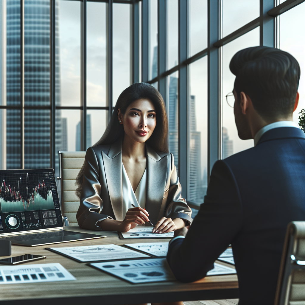 A money manager in an office, reviewing financial documents with a client.