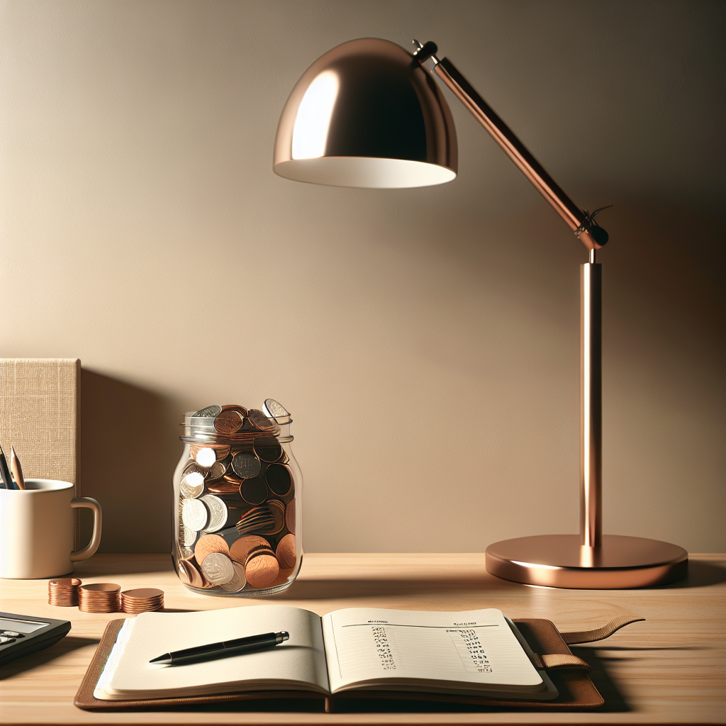 A home office setup with a mason jar filled with coins and a notebook showing savings calculations, emphasizing penny-saving tips.