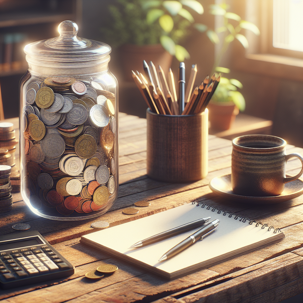 A realistic image of a jar filled with coins on a wooden table in a cozy home setting.