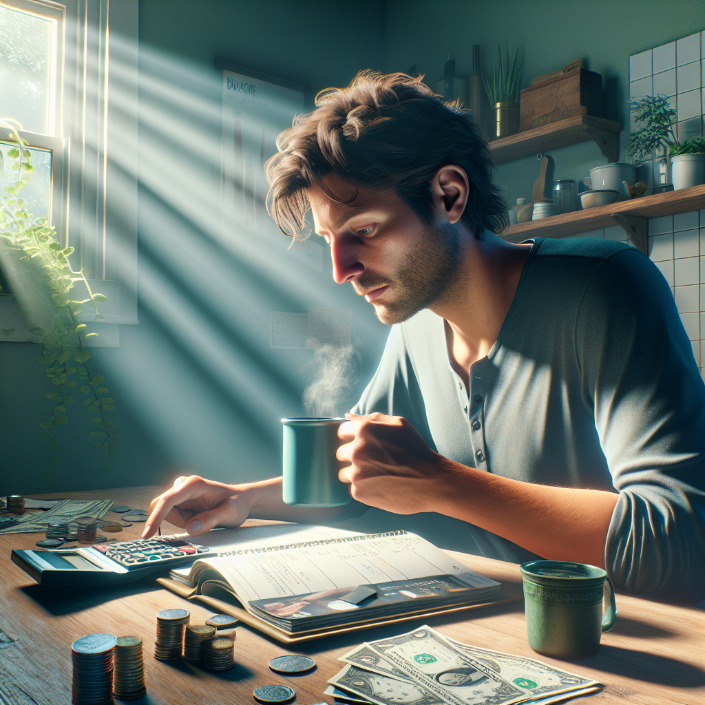 A person carefully planning their budget at a kitchen table, with assorted money and a calculator.