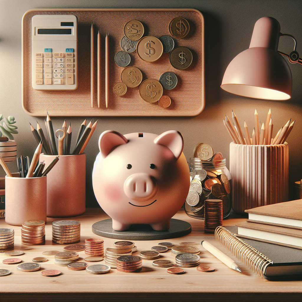 A realistic scene of a desk with a piggy bank, coins and notebooks promoting penny saver tips.