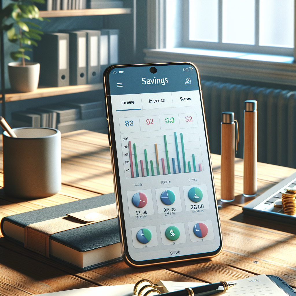 A realistic depiction of a savings tracker app interface on a smartphone in a well-organized workspace.