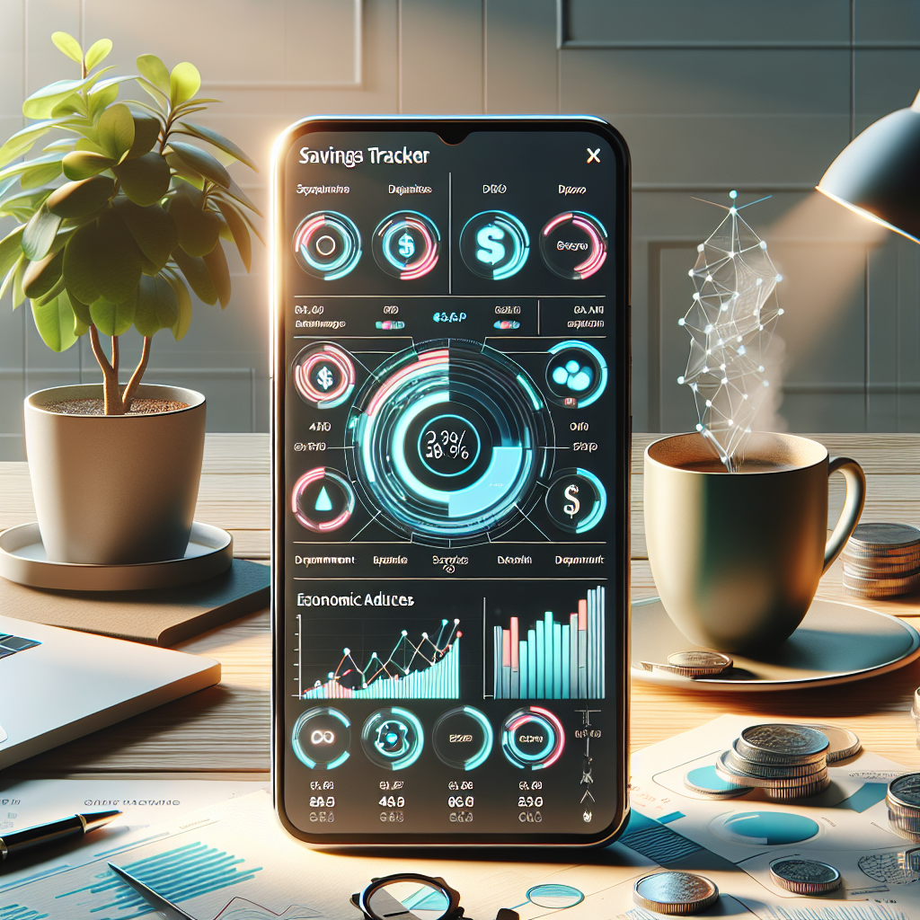 A realistic image of a digital savings tracker interface on a smartphone, displayed on a well-lit, minimalist desk setup.