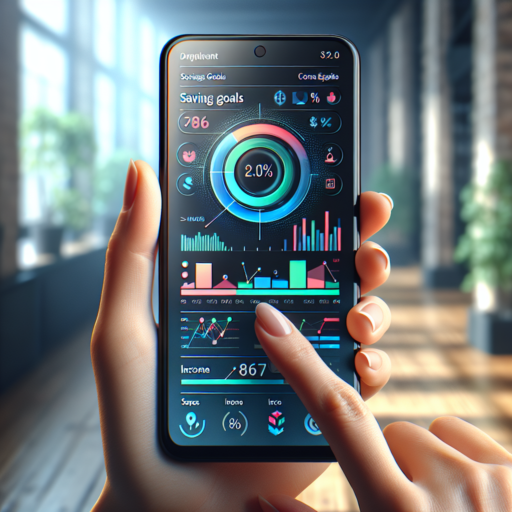 A modern savings tracker interface on a smartphone screen held by a person's hand, showing charts and graphs of savings goals, income, and expenses.