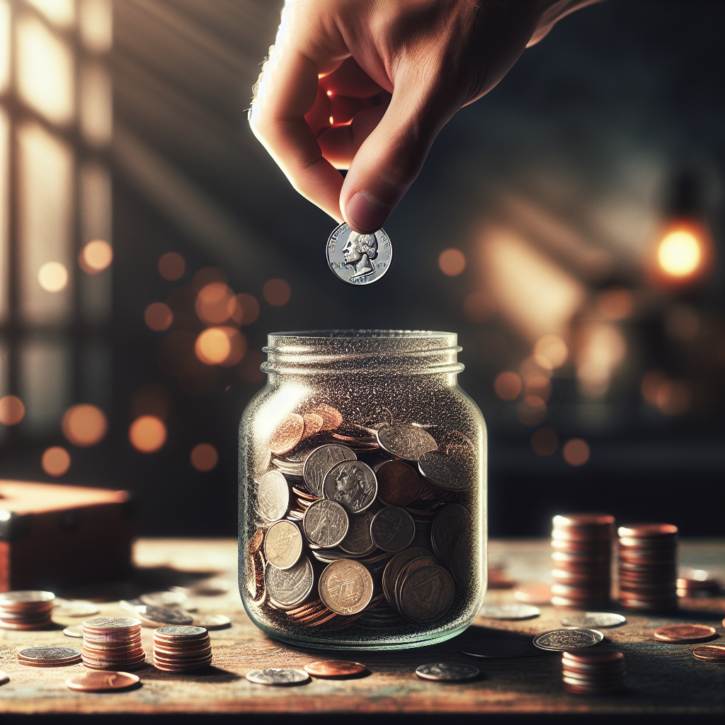 A realistic depiction of a hand dropping a quarter into a glass jar filled with coins, representing round savings.