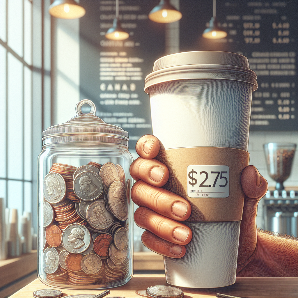 A hand holding a coffee cup priced at $2.75 next to a half-filled jar of coins, illustrating round savings.