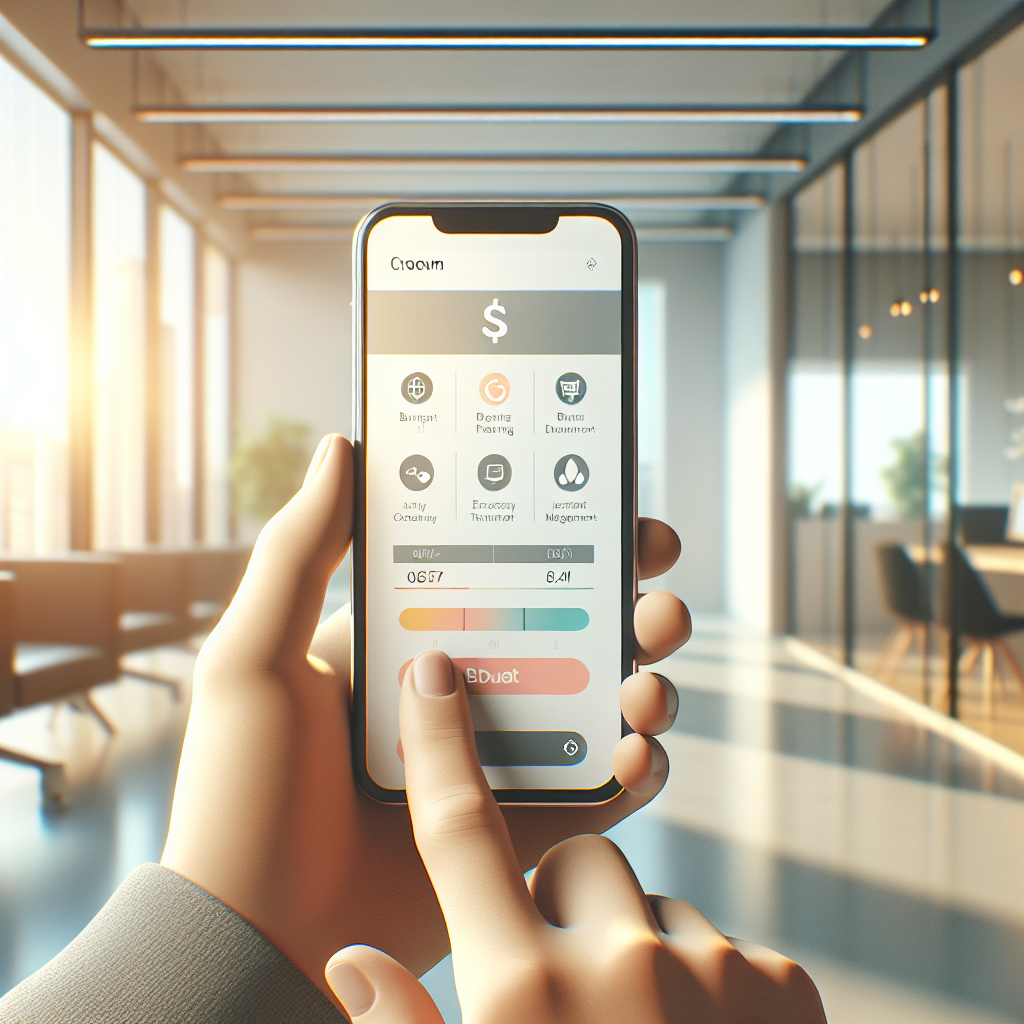 A person holding a smartphone showcasing a personal finance application interface in a modern office setting.