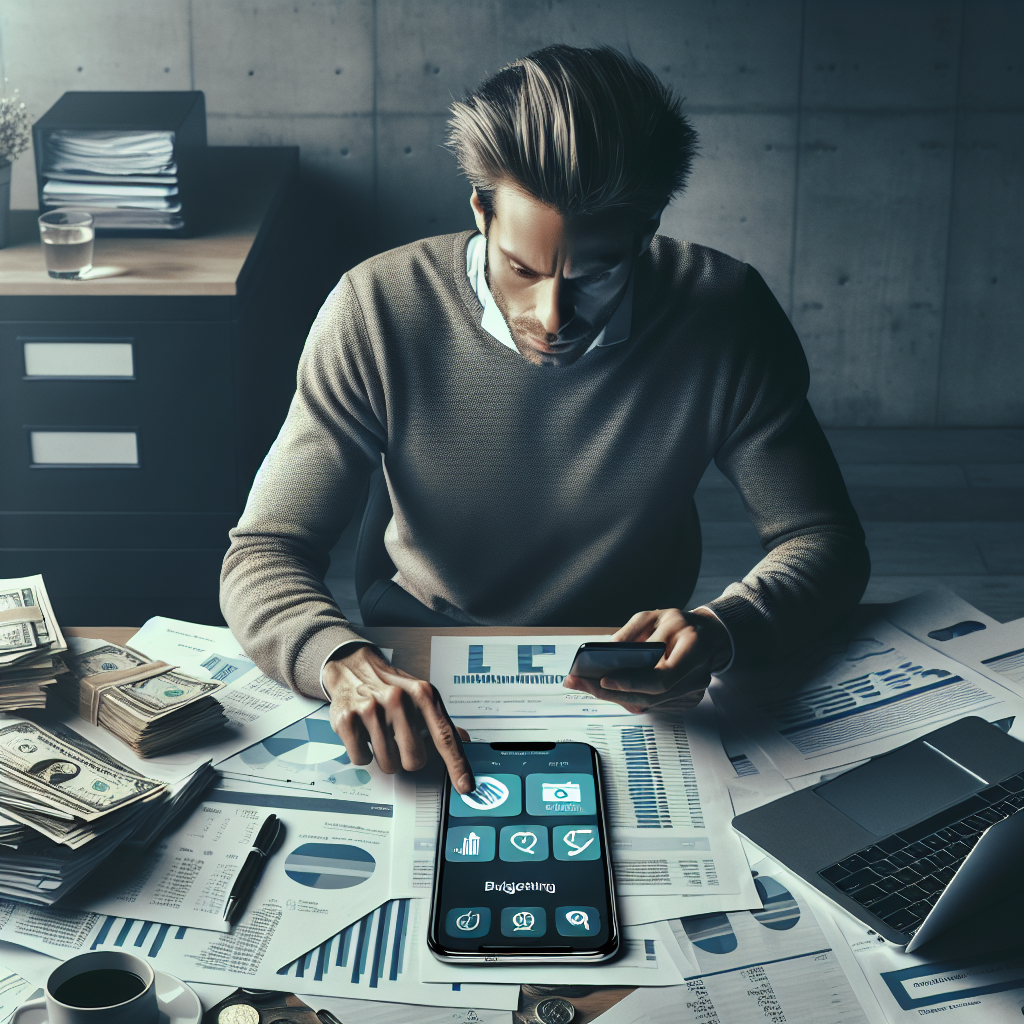 A person using a personal finance app on a smartphone at a desk with financial documents and a laptop.