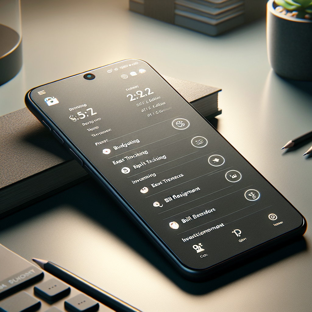 A realistic illustration of a personal finance app displayed on a modern smartphone.