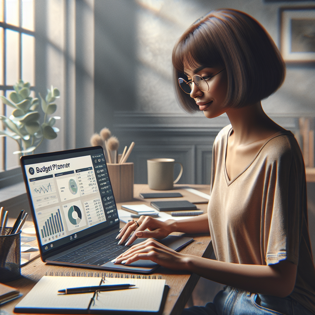 A person using a digital budget planner on a laptop at a tidy desk.