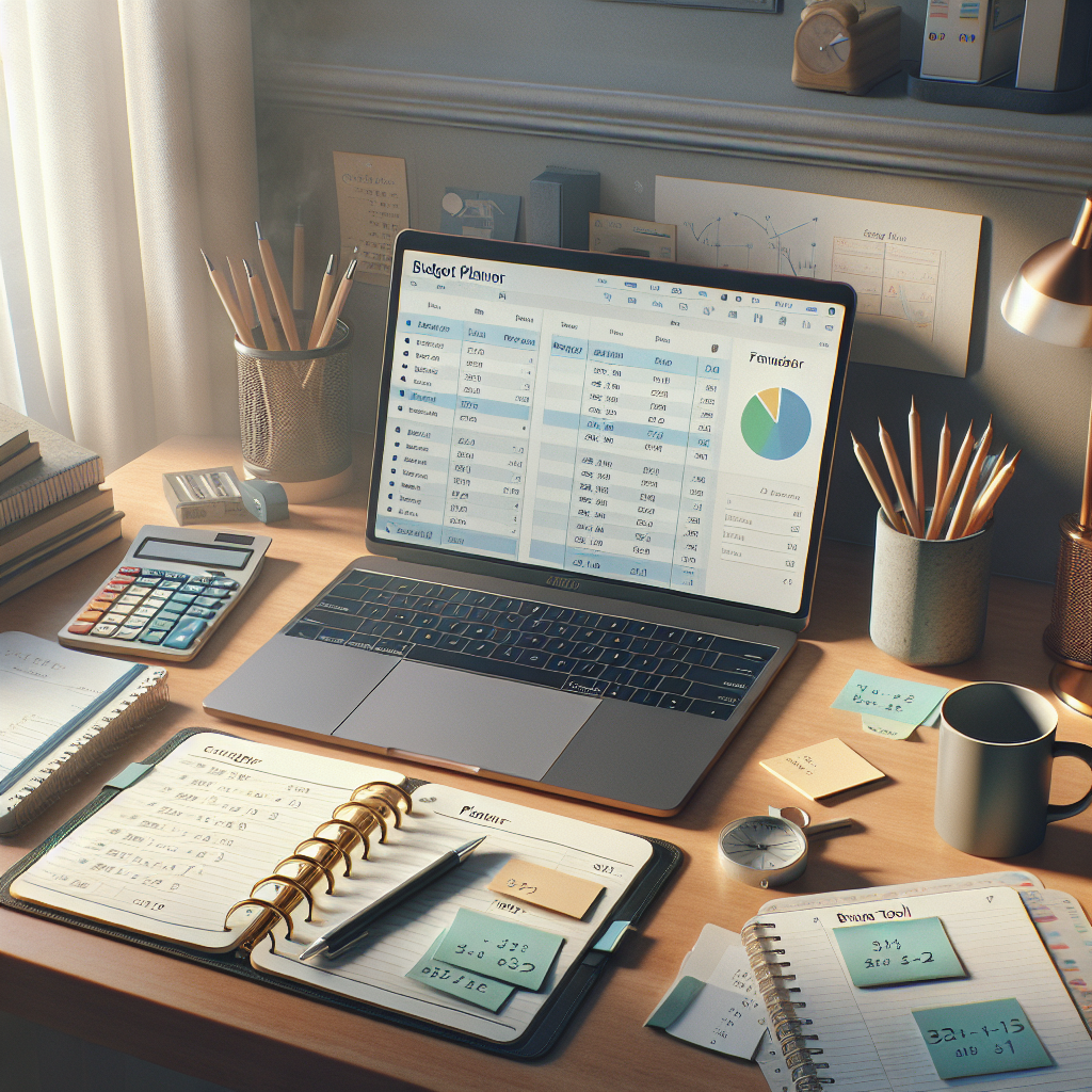 A realistic image of a desk with a laptop showing a budget planner, a planner notebook, a calculator, and pens, with natural light from a window.