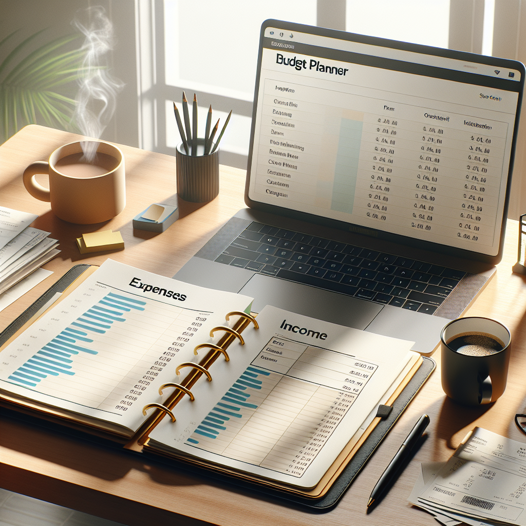 A realistic image of a budget planner on a desk with a laptop, coffee, pen, and receipts.