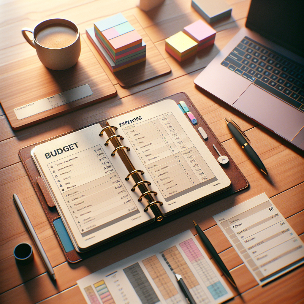 A budget planner on a wooden desk with a laptop, coffee cup, pen, and sticky notes.