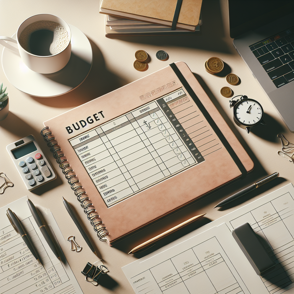 A realistic depiction of a budget planner on a desk with financial documents, a calculator, a cup of coffee, and a laptop.