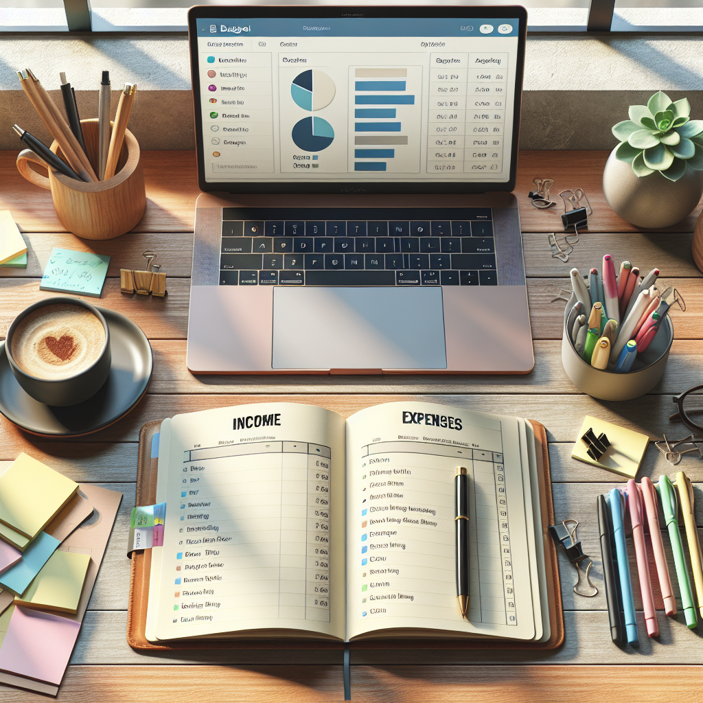 A realistic scene of a budget planner on a desk with a laptop, coffee cup, and stationery.