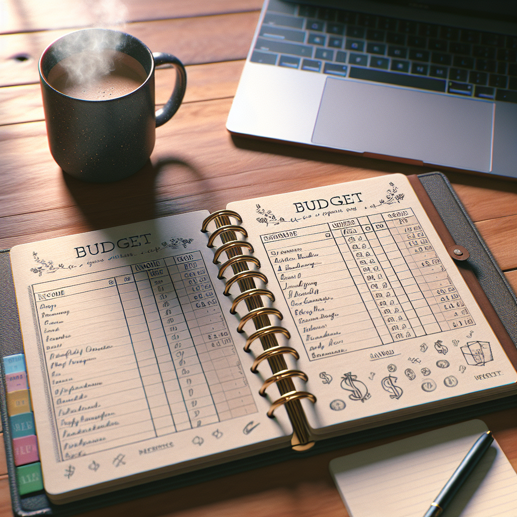 A budget planner journal on a wooden desk with a cup of coffee and a laptop nearby.