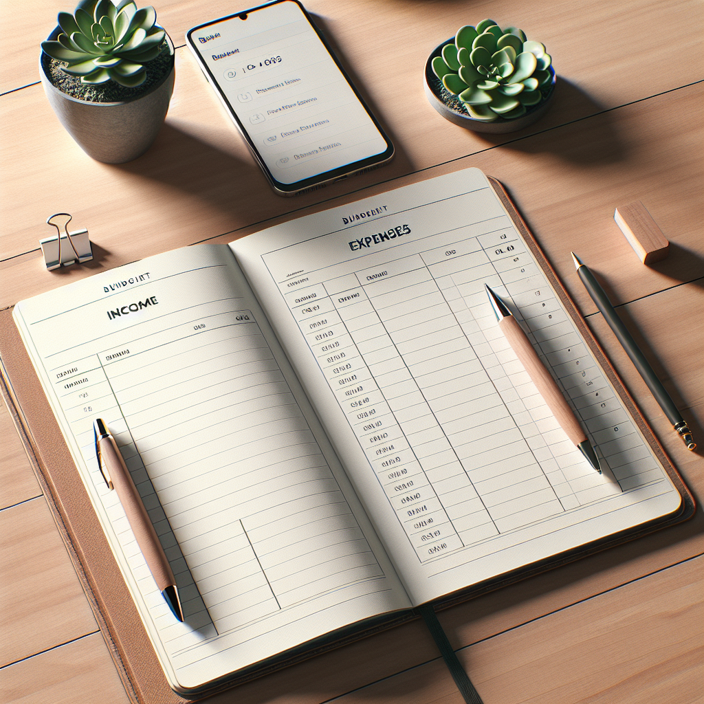 A realistic image of an open budget planner on a desk with a pen, smartphone, and a small pot of plants.