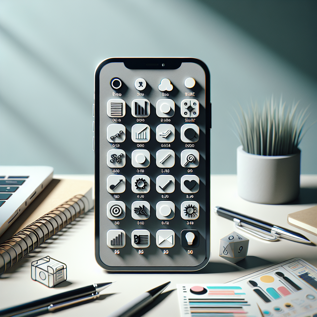 A realistic image of a smartphone displaying budgeting and finance apps, placed on a modern desk with a laptop, notebook, and pen.