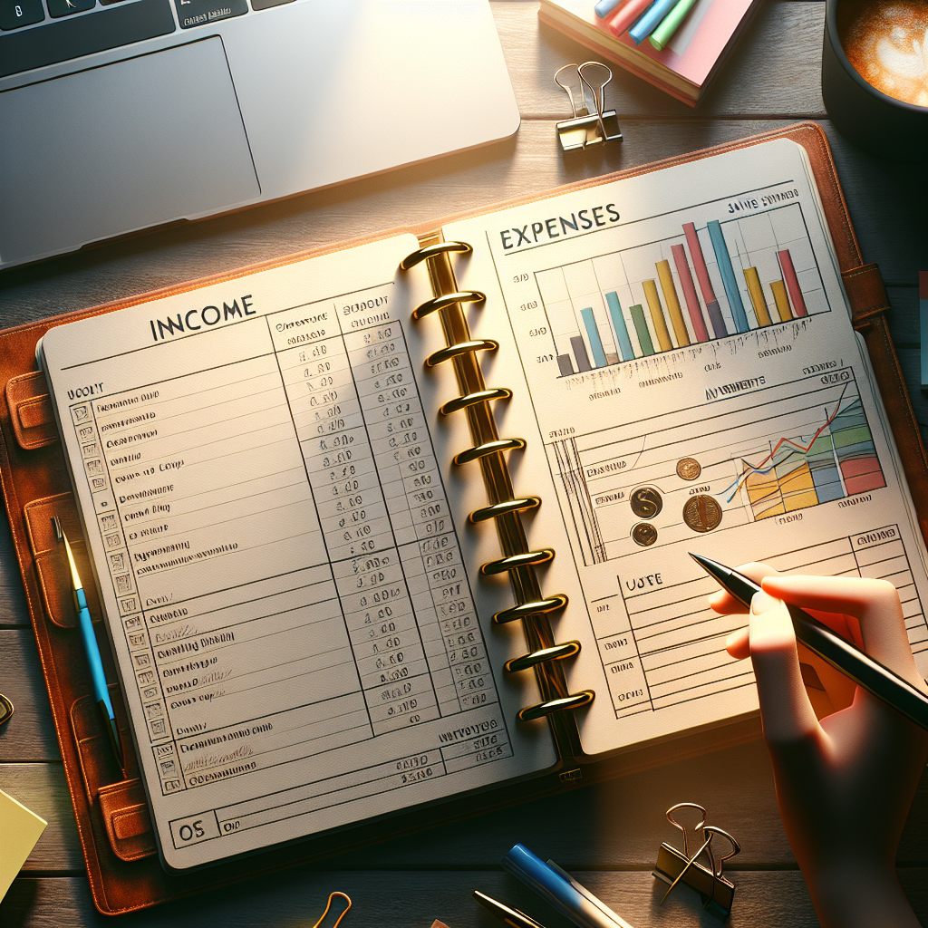 A realistic budget planner setup with an open planner on a desk, laptop, coffee cup, and stationery items.