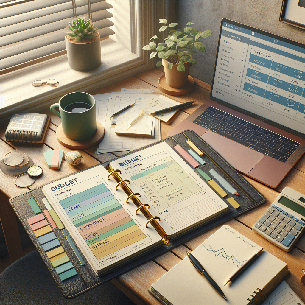 A budget planner on a wooden desk with a laptop, calculator, pen, and cup of coffee, illuminated by natural daylight.