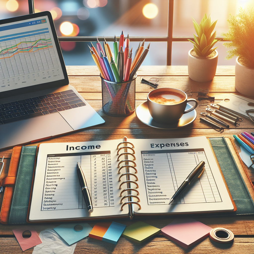 A realistic desk scene with a budget planner, a laptop, pens, and a coffee cup on a wooden desk with a cityscape view through a window.